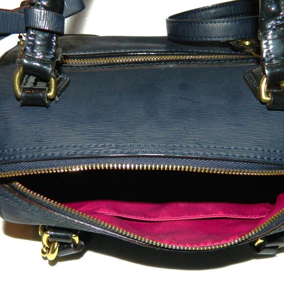 Coach Navy Textured Patent Leather Boston Bag - Picture 9 of 11